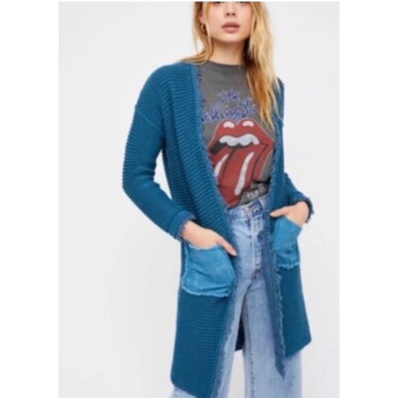 Free People Sweaters - Free People Woodstock Cardigan Sweater M Blue Cotton Chunky Knit Boho Festival